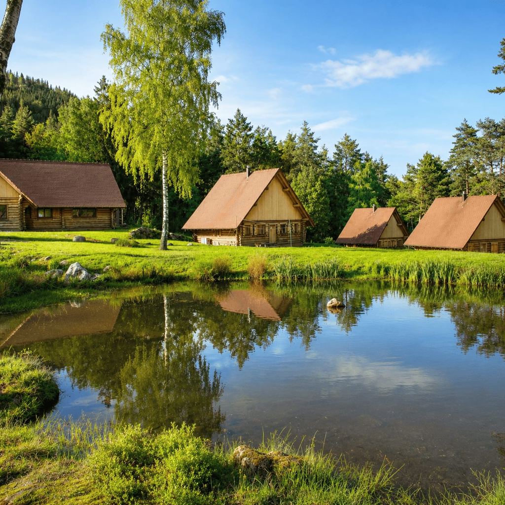 Chalets en bois au bord de l'étang du domaine, à Orbey