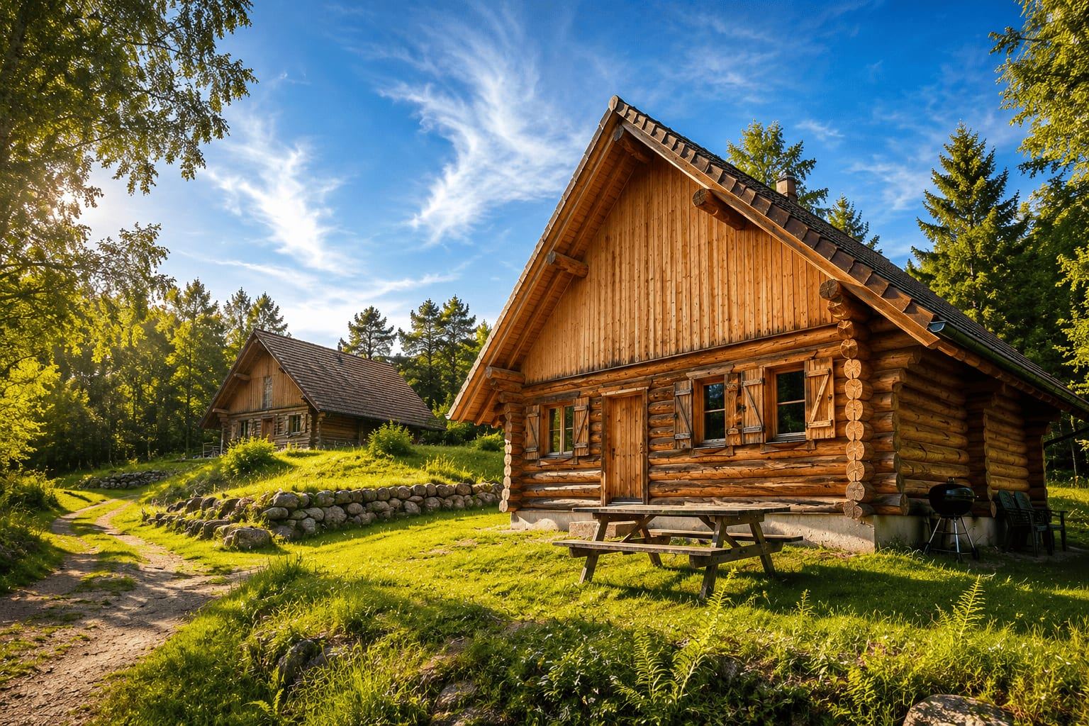 Chalet en bois à l'aube dans la forêt vosgienne